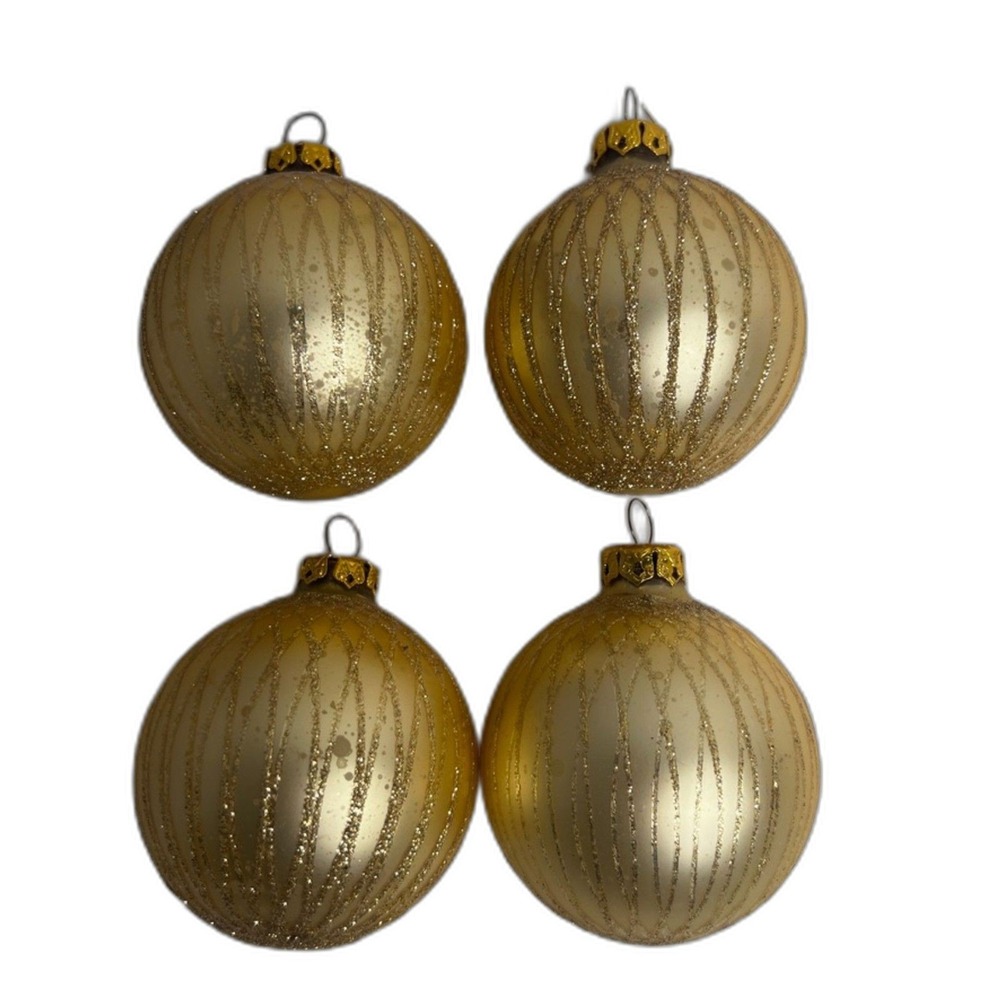 Set of 4 Gold Christmas Ornament Bulbs Hand Painted Christmas Tree Decor Holiday